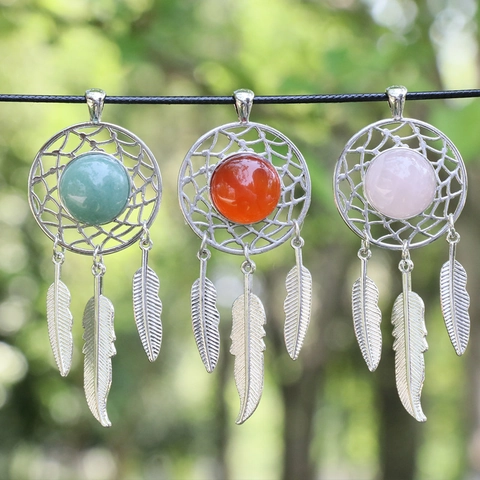Colgante de Collar Atrapasueños Bohemio Piedra Natural Cristal Incrustado Pluma de Metal Joyería Étnica Regalo Mujer