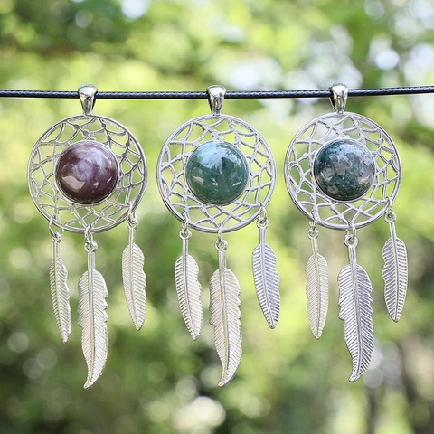 Colgante de Collar Atrapasueños Bohemio Piedra Natural Cristal Incrustado Pluma de Metal Joyería Étnica Regalo Mujer