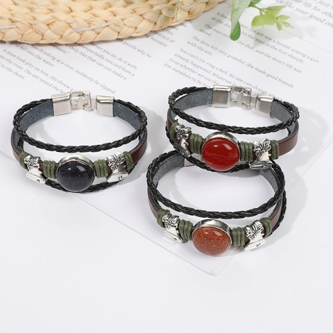 Bracelet Tressé en Cuir de Vachette Multicouche Vintage Breloque Cloche Feuille Alliage Pierre Naturelle Agate Oeil de Tigre Bracelet Enveloppant Unisexe