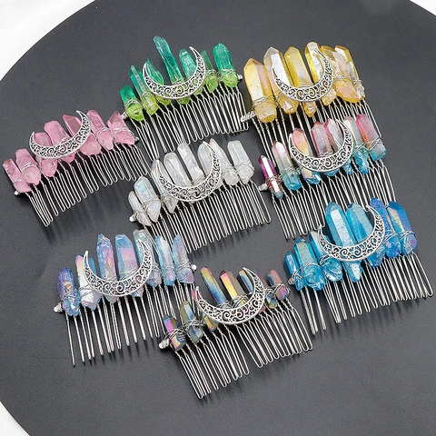 Bohemian Natural Crystal Moon Hair Comb Handmade Wire Wrapped Quartz Filigree Hair Clips For Women Wedding Party Jewelry