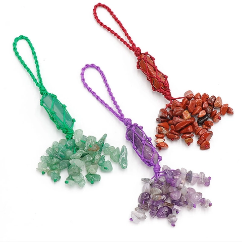 Natural Healing Crystal Hexagonal Cone Hanging Ornament Hand Woven Stone Tassel Car Interior Home Decoration Pendant Gift