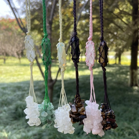 Natural Healing Crystal Hexagonal Cone Hanging Ornament Hand Woven Stone Tassel Car Interior Home Decoration Pendant Gift