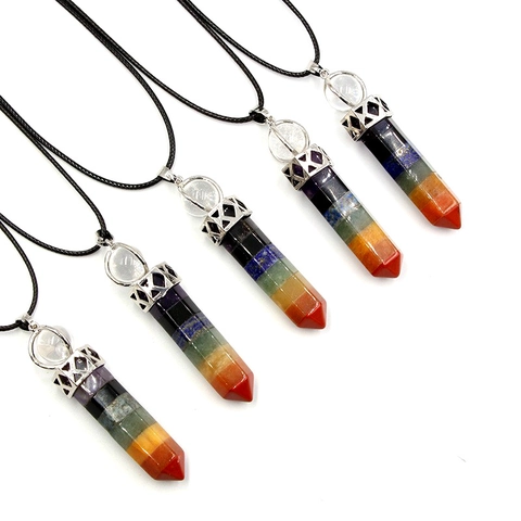 Collana Pendente Colonna Esagonale Cristallo Chakra Arcobaleno Pietra Naturale Gemma Gioielli Yoga Cordino Nero