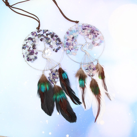 Handmade Tree of Life Dream Catcher Hanging Ornament With Natural Crystal Gravel And Feathers Bohemian Wall Decor Healing Gift