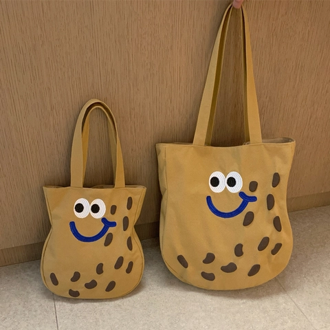 Cartoon Cookie Face Canvas Shoulder Bag Embroidery Large Capacity Versatile Literary Handbag For Women