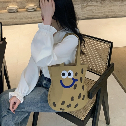 Cartoon Cookie Face Canvas Shoulder Bag Embroidery Large Capacity Versatile Literary Handbag For Women