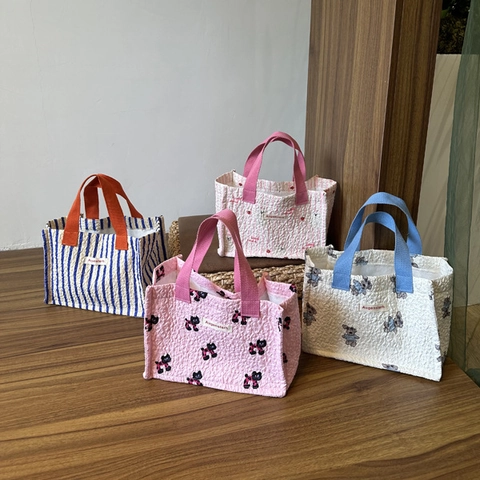 Borsa a Mano Trapuntata da Donna Tote Cartoon a Righe in Poliestere Seersucker Borsa da Pranzo Stile Coreano Carino Motivo Animale Mini