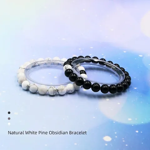 Pulsera De Cuentas De Obsidiana Natural Y Piedra De Pino Blanco Yin Yang Pareja Amistad Estilo Zen Elástico