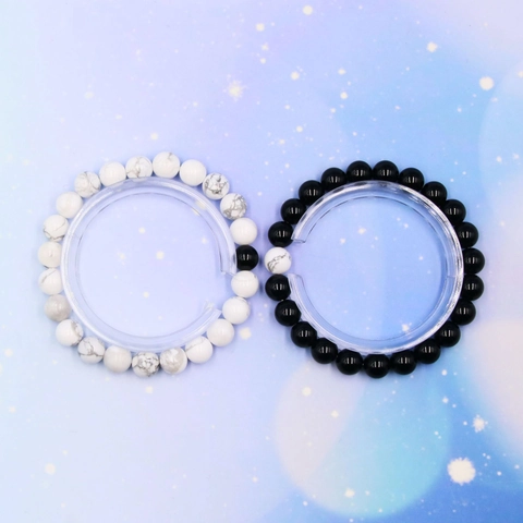 Pulsera De Cuentas De Obsidiana Natural Y Piedra De Pino Blanco Yin Yang Pareja Amistad Estilo Zen Elástico