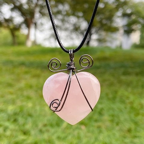 Herz Anhänger Halskette Rosenquarz Draht Umwickelt Handgefertigt Naturstein Vintage Bohemian Schmuck Für Damen