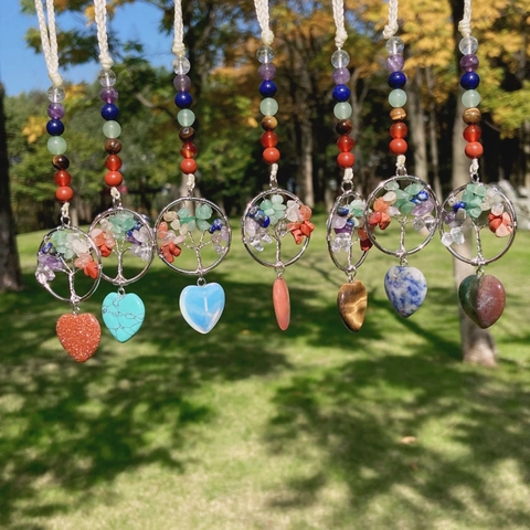 Natural Stone Tree of Life Heart Hanging Ornament Chakra Beads Handwoven Crystal Keychain Car Hanging Decor For Home Office