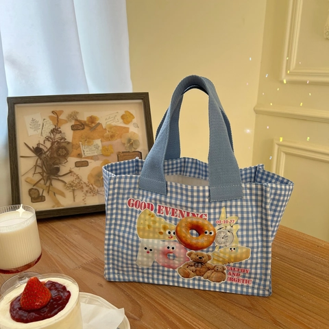 Simpatica Borsa da Pranzo in Tela a Forma di Orso Ciambella Plaid Blu Stile Ins Piccola Borsa a Mano Tote per Ufficio Scuola Picnic Studenti Donna