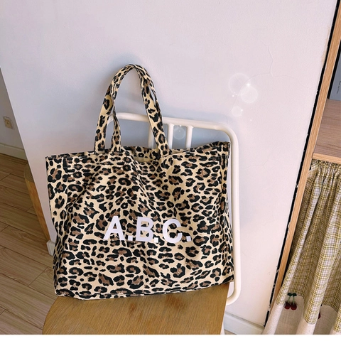 Women Leopard Print Canvas Tote Bag Large Capacity Letter Print Shoulder Bag Vintage Fashion Casual Handbag For Daily Shopping Commuting
