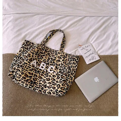 Women Leopard Print Canvas Tote Bag Large Capacity Letter Print Shoulder Bag Vintage Fashion Casual Handbag For Daily Shopping Commuting