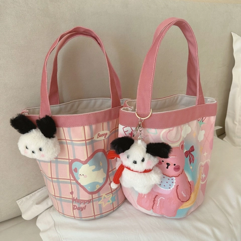 Rosa Canvas Eimertasche Für Frauen Kawaii Cartoon Druck Große Kapazität Vielseitige Handtasche Süße Bento Lunch Tote Bag