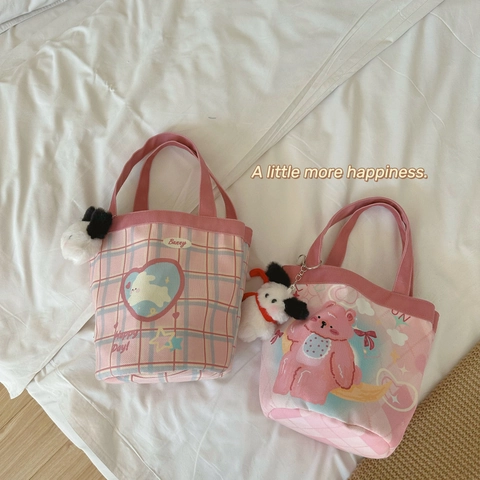 Rosa Canvas Eimertasche Für Frauen Kawaii Cartoon Druck Große Kapazität Vielseitige Handtasche Süße Bento Lunch Tote Bag