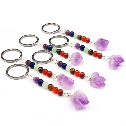 Llavero de Cristal de Amatista Natural Con Siete Cuentas de Piedras Preciosas de Chakra Para Bolsos Decoración Joyería