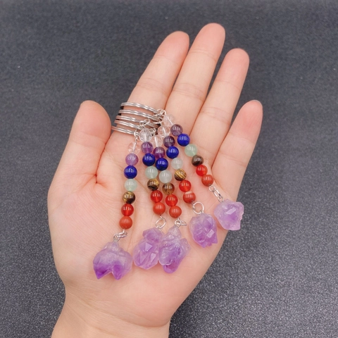 Llavero de Cristal de Amatista Natural Con Siete Cuentas de Piedras Preciosas de Chakra Para Bolsos Decoración Joyería
