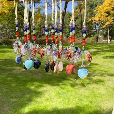 Decorazione da Appendere Albero Della Vita 7 Chakra Pietra Naturale Cuore Avvolgimento Filo Cristallo Auto Casa