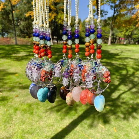 Decorazione da Appendere Albero Della Vita 7 Chakra Pietra Naturale Cuore Avvolgimento Filo Cristallo Auto Casa