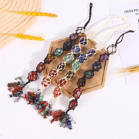 Ornamento Appeso In Pietra Naturale Chakra Pietre Burattate Sacco A Rete Intrecciato A Mano Arredo Auto Yoga