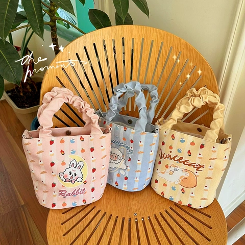 Borsa a Secchiello in Tela Floccata Stile Giapponese Manico con Volant Animale Cartoon a Righe Borsa a Tracolla da Donna