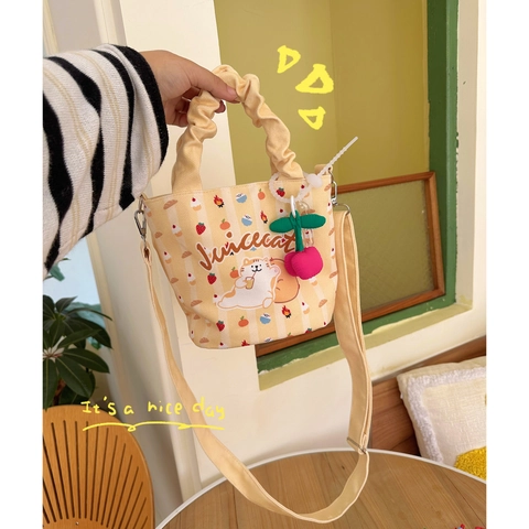 Borsa a Secchiello in Tela Floccata Stile Giapponese Manico con Volant Animale Cartoon a Righe Borsa a Tracolla da Donna