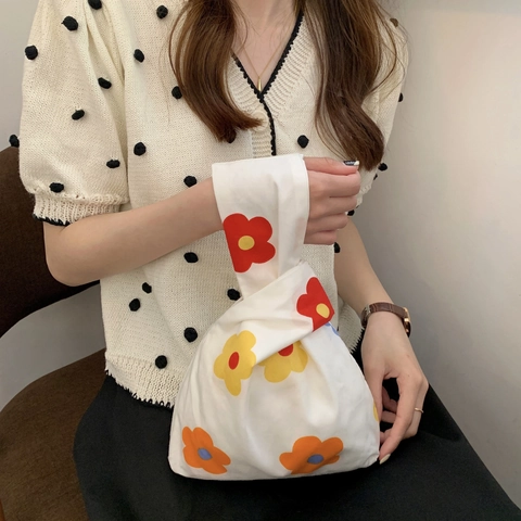 Japanese Style Cotton Canvas Knot Bag Floral Print Wrist Bag Mini Handheld Tote Bag Women Daily Casual Small Travel Pouch