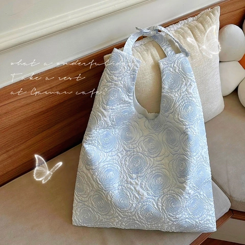 Women Large Capacity Tote Bag Embossed Rose Floral Jacquard Handbag Casual Fresh Style Canvas Polyester Shoulder Bag
