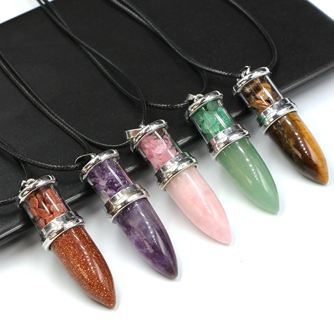 Halskette Mit Natürlichem Kristall-Projektilanhänger Heilsteine Amethyst Rosenquarz Schotter Schmuck Mit Schwarzer Wachskordel Damen