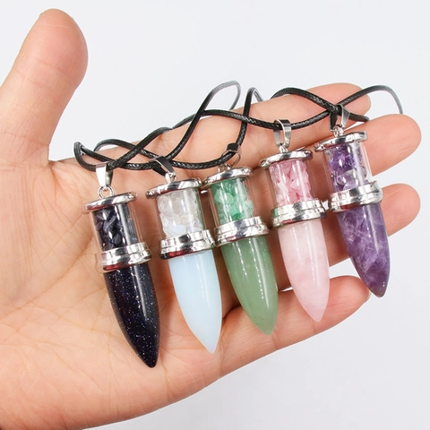 Halskette Mit Natürlichem Kristall-Projektilanhänger Heilsteine Amethyst Rosenquarz Schotter Schmuck Mit Schwarzer Wachskordel Damen