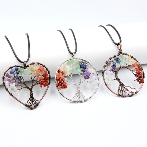 Tree Of Life Anhänger Halskette Handgefertigte Kupferdraht Umwickelt Naturstein Chakra Heilkristall Schmuck