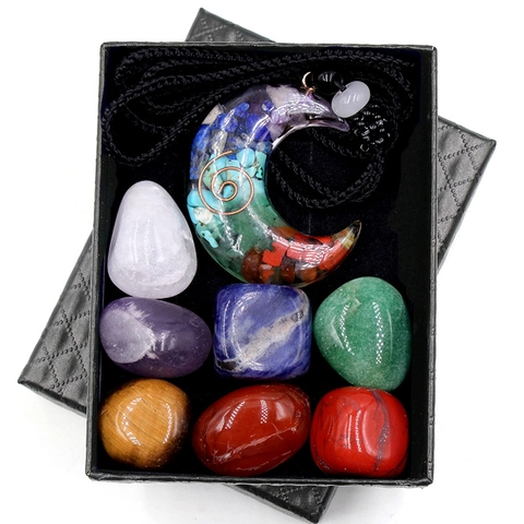 Natürliches Chakra Heilkristall Set Mit Harz Mond Stern Orgon Anhänger Und Polierten Trommelsteinen In Geschenkbox Spirituelle Meditation Deko