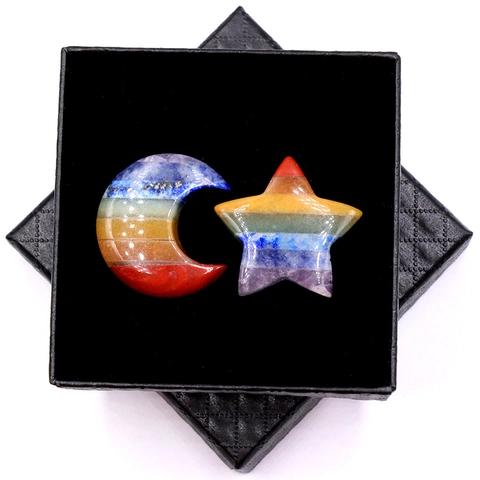 Rainbow Chakra Natural Stone Polished Star Moon Ornaments For Home Decor Meditation Healing Crystals Spiritual Gift