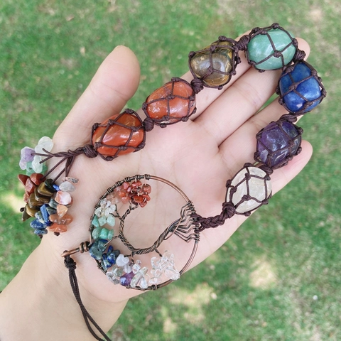 Chakra Natural Crystal Stones Tree Of Life Hanging Ornament Hand Woven Rope Healing Gemstone Car Decor Home Wall Art