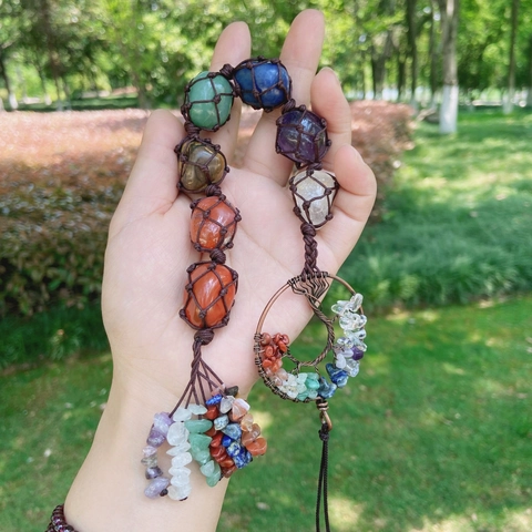 Chakra Natural Crystal Stones Tree Of Life Hanging Ornament Hand Woven Rope Healing Gemstone Car Decor Home Wall Art