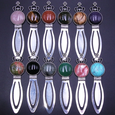 Retro Crown Gemstone Bookmark Zinc Alloy Natural Crystal Stone Hollowed Design Vintage Palace Style For Reading Lovers