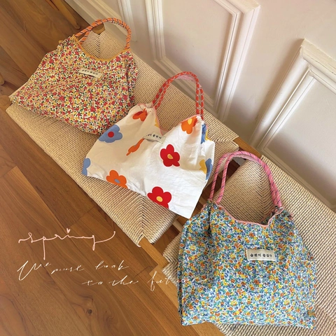 Sac Cabas en Toile à Fleurs Style Japonais Grande Capacité Sac de Shopping Écologique Avec Poignée en Corde pour Femmes Étudiants Usage Quotidien