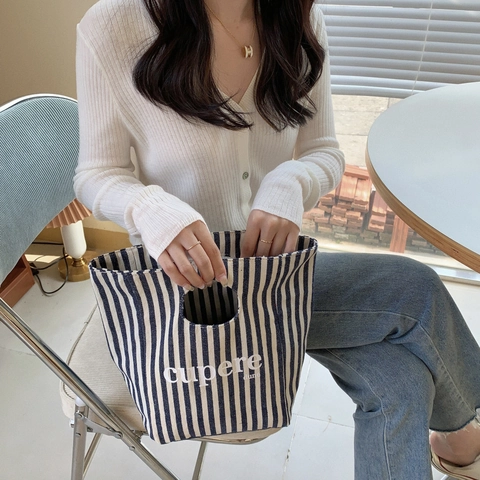 Borsa a Mano a Righe in Tela Minimalista Giapponese in Poliestere con Stampa Lettere Borsa Bento Pranzo Portatile per Donne Studenti