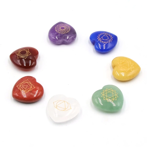 Chakra Healing Heart Shaped Natural Crystal Agate Engraved Symbols Meditation Yoga Reiki Balance Decor With Pouch