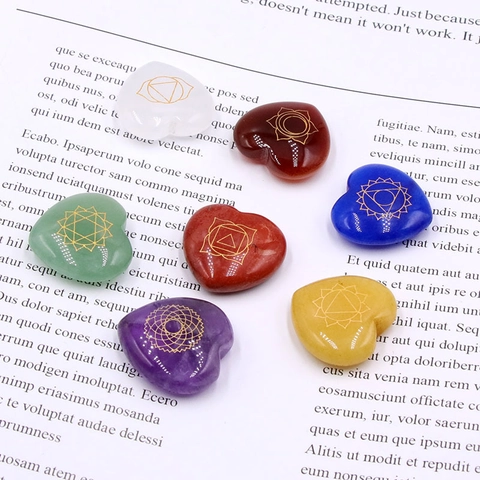 Chakra Healing Heart Shaped Natural Crystal Agate Engraved Symbols Meditation Yoga Reiki Balance Decor With Pouch