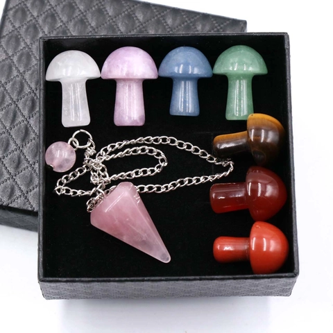7 Chakra Healing Crystal Mushroom Stone Set With Rose Quartz Pendulum For Meditation Yoga Reiki Healing Stones Zen Home Decor Gift