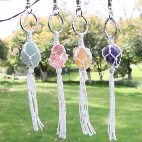 Portachiavi In Piedra Naturale Ametista Quarzo Corda Cotone Intrecciata Rete Nappa Boemo Ornamento Borsa