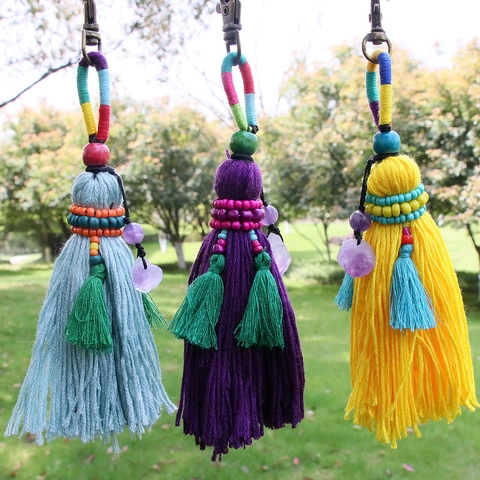 Porte-clés À Franges Colorées Fait Main Bohème Pendentif De Sac Avec Améthyste Pierre Brute Perles En Coton Tissé