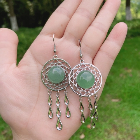 Bohemian Dreamcatcher Dangle Earrings For Women With Natural Crystal Gemstone Tiger Eye Rose Quartz Alloy Tassel Water Drop Ethnic Jewelry