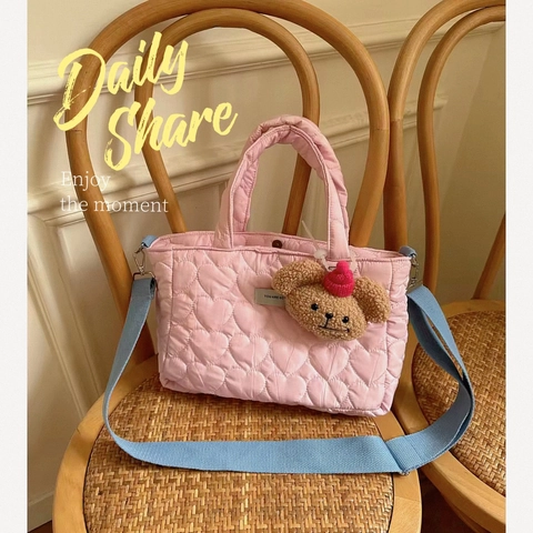 Dames Gequilte Crossbodytas met Hartpatroon Polyester Zoete Koreaanse Stijl Verstelbare Riem Afneembare Handtas
