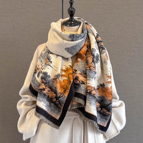 Sciarpa Scialle Inverno Imitazione Cashmere Stampa Paesaggio Inchiostro Jacquard Caldo Nappa Avvolgere Elegante Stile Retrò Donna