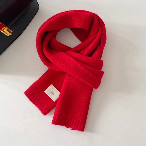 Knitted Scarf Solid Color Thick Warm Winter Neck Warmer Korean Style Soft Fabric Scarf With Letter Patch For Women Men