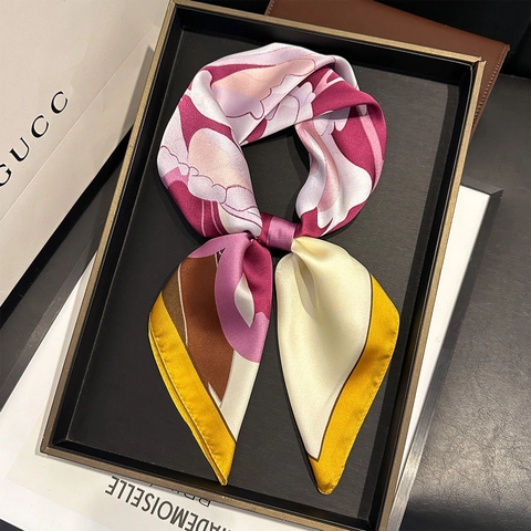 Floral Print Square Scarf Imitation Satin Satin Elegant Fashionable Neck Head Wrap For Women Premium Accessory