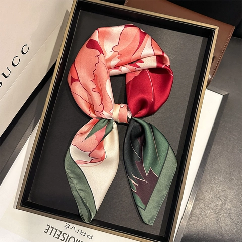 Floral Print Square Scarf Imitation Satin Satin Elegant Fashionable Neck Head Wrap For Women Premium Accessory